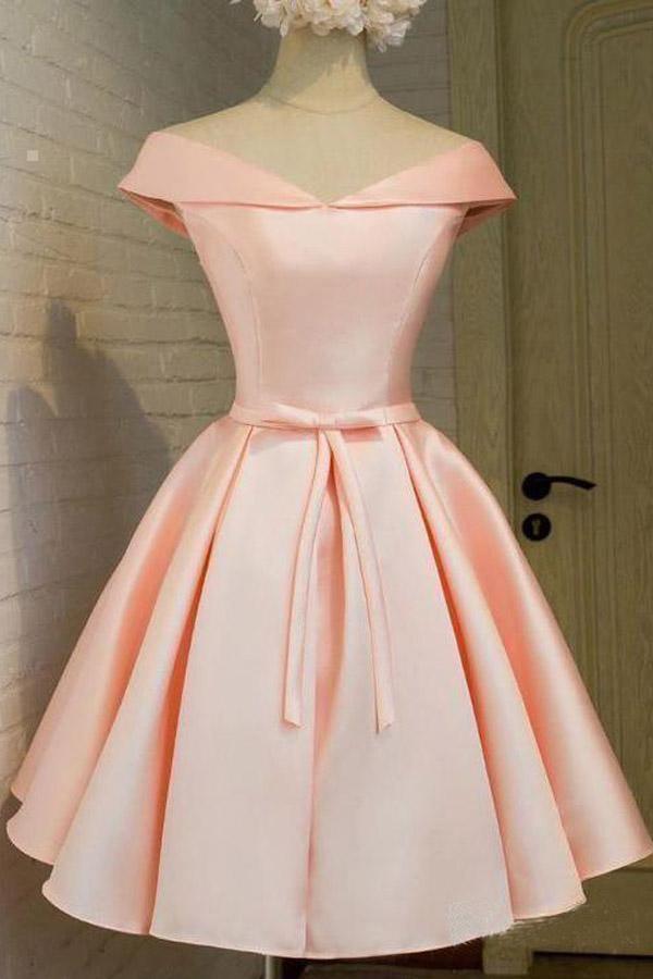 Simple Off the Shoulder Blush Homecoming Dresses Satin Graduation Dress PD288 Hover Image