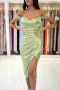 Simple Off-the-shoulder Evening Dresses Short Sage Prom Dresses With Slit by misshow.com