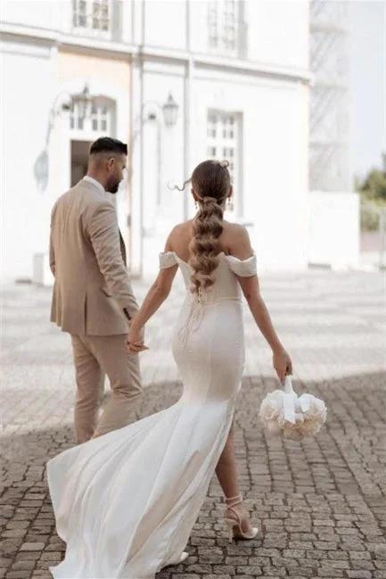 Simple Off-the-shoulder Mermaid Wedding Dresses With Slit by misshow.com