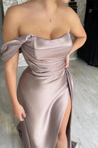 Simple Off-the-shoulder Sleeveless Satin Split Front Mermaid Prom Dress by misshow.com