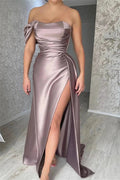 Simple Off-the-shoulder Sleeveless Satin Split Front Mermaid Prom Dress by misshow.com