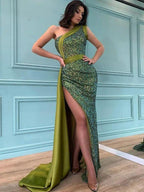 Simple One-shoulder Side Slit Mermaid Sequin Prom Dresses by misshow.com