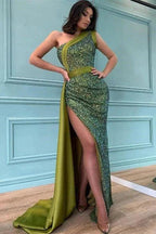 Simple One-shoulder Side Slit Mermaid Sequin Prom Dresses by misshow.com