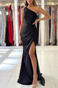 Simple One-shoulder Sleeveless Mermaid Floor-Length Prom Dresses with Ruffles by misshow.com