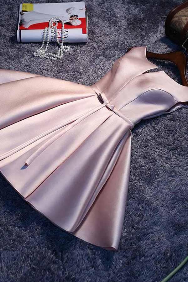 Simple Pink A line Satin Short Prom Dress Homecoming Dress PD148 Hover Image
