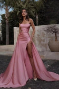 Simple Pink A-line Strapless Long Prom Dresses With Slit by misshow.com