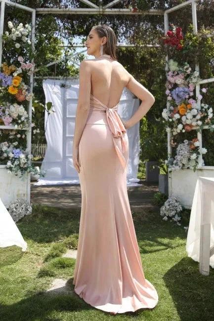 Simple Pink Halter Sleeveless Mermaid Floor-Length Satin Prom Dresses by misshow.com