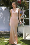 Simple Pink Halter Sleeveless Mermaid Floor-Length Satin Prom Dresses by misshow.com