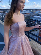 Simple Pink Long A-line Strapless Glitter Tulle Formal Prom Dresses by BIZTUNNEL