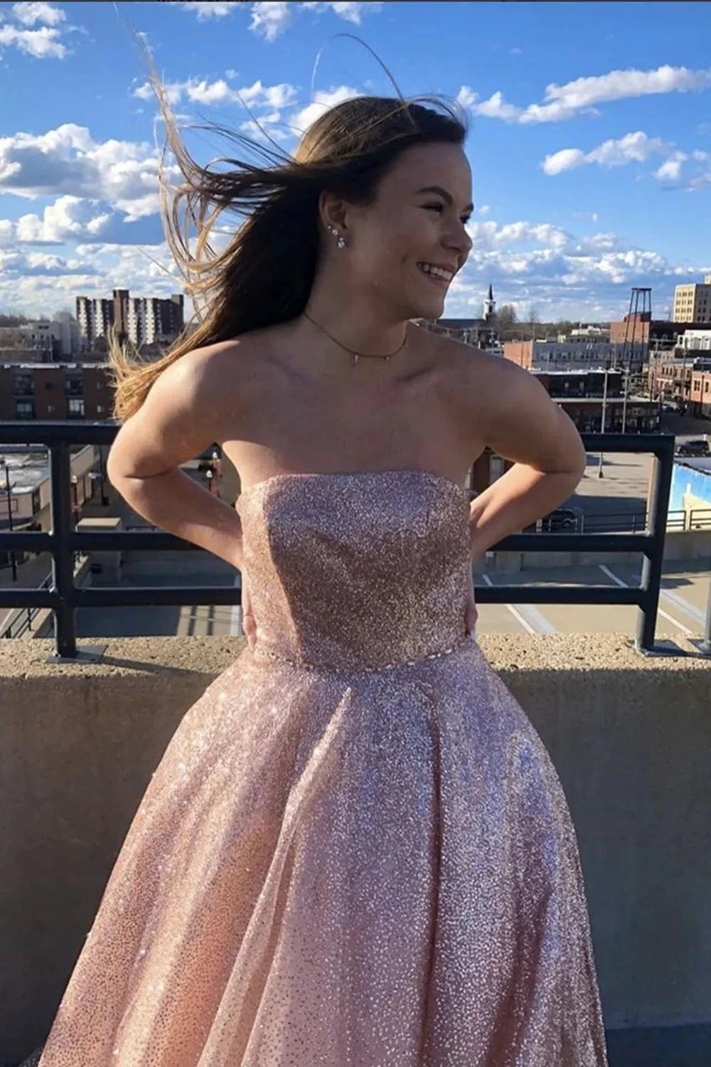 Simple Pink Long A-line Strapless Glitter Tulle Formal Prom Dresses by BIZTUNNEL