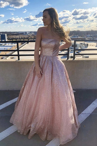 Simple Pink Long A-line Strapless Glitter Tulle Formal Prom Dresses