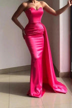 Simple Pink Strapless Sleeveless Mermaid Elastic Woven Satin Prom Dresses with Ruffles by misshow.com