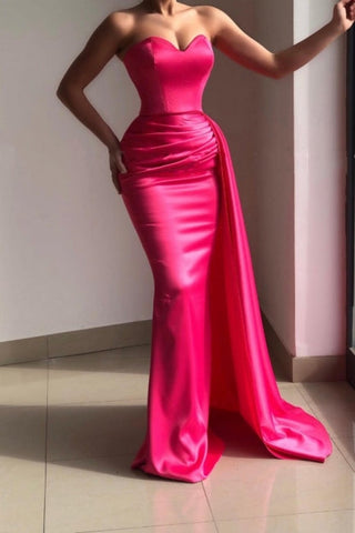 Simple Pink Strapless Sleeveless Mermaid Elastic Woven Satin Prom Dresses with Ruffles