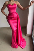 Simple Pink Strapless Sleeveless Mermaid Elastic Woven Satin Prom Dresses with Ruffles by misshow.com