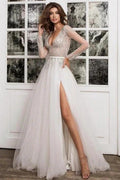 Simple Pleats Sequins V-neck Long Sleeve Brush A-Line Wedding Dresses by misshow.com