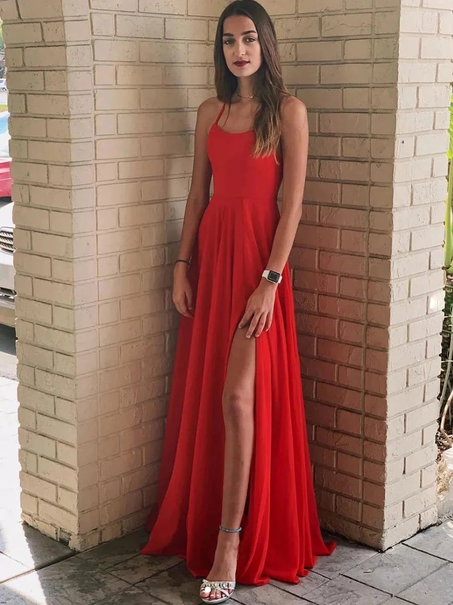 Simple Red A Line Backless Chiffon Long Prom Dresses with Leg Slit by BIZTUNNEL