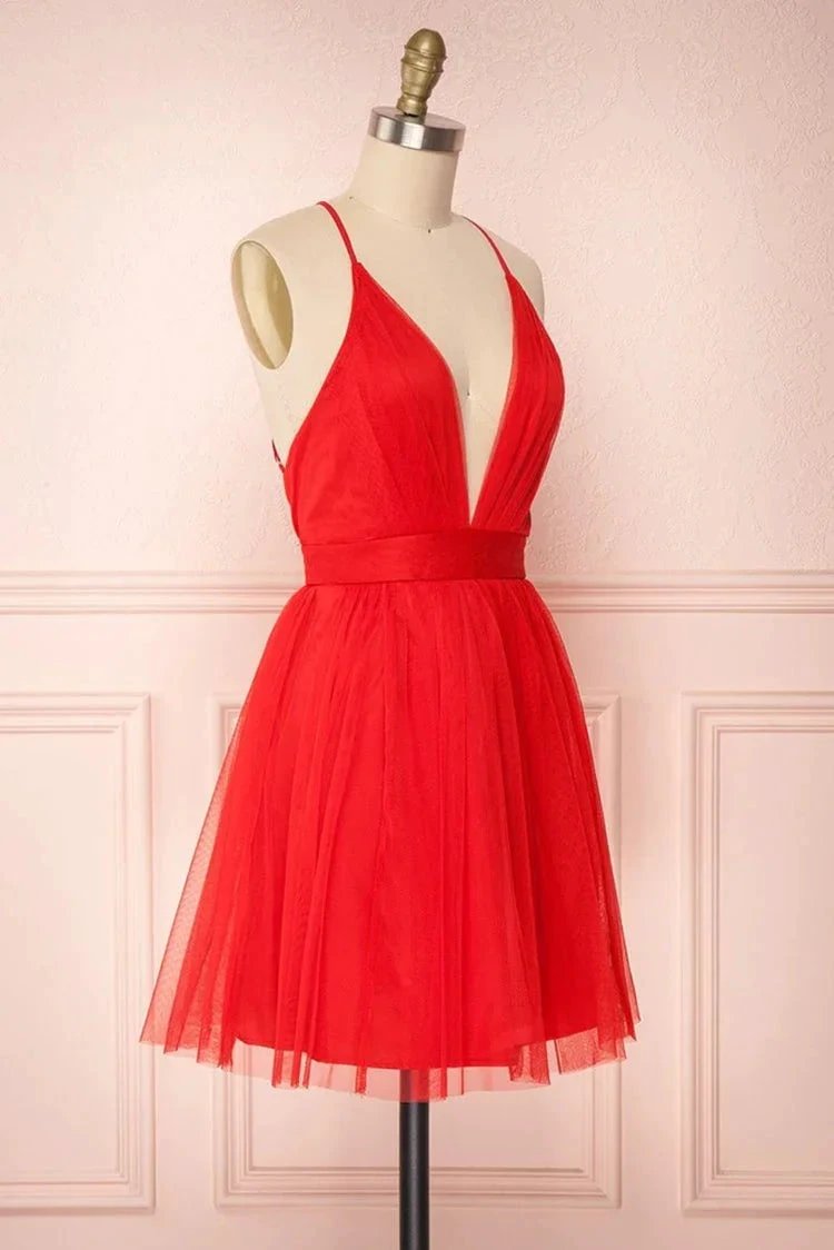 Simple Red A-line V Neck Backless Tulle Short Homecoming Prom Dresses by BIZTUNNEL