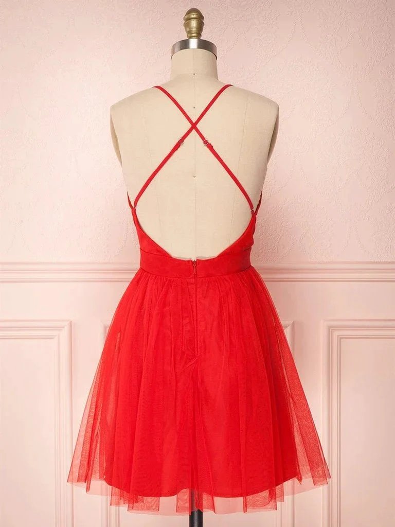 Simple Red A-line V Neck Backless Tulle Short Homecoming Prom Dresses by BIZTUNNEL