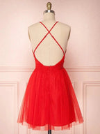 Simple Red A-line V Neck Backless Tulle Short Homecoming Prom Dresses by BIZTUNNEL