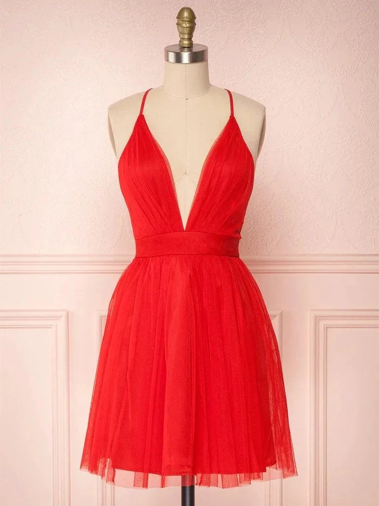 Simple Red A-line V Neck Backless Tulle Short Homecoming Prom Dresses by BIZTUNNEL