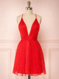 Simple Red A-line V Neck Backless Tulle Short Homecoming Prom Dresses by BIZTUNNEL