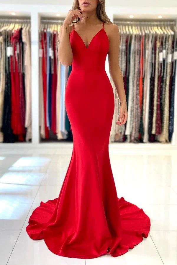 Simple Red Long Mermaid V-neck Open Back Prom Dresses by BIZTUNNEL