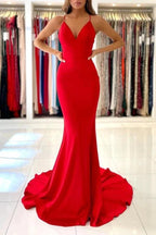 Simple Red Long Mermaid V-neck Open Back Prom Dresses by BIZTUNNEL