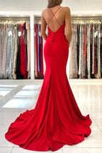 Simple Red Long Mermaid V-neck Open Back Prom Dresses by BIZTUNNEL