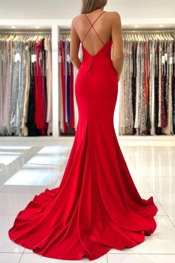 Simple Red Long Mermaid V-neck Open Back Prom Dresses by BIZTUNNEL