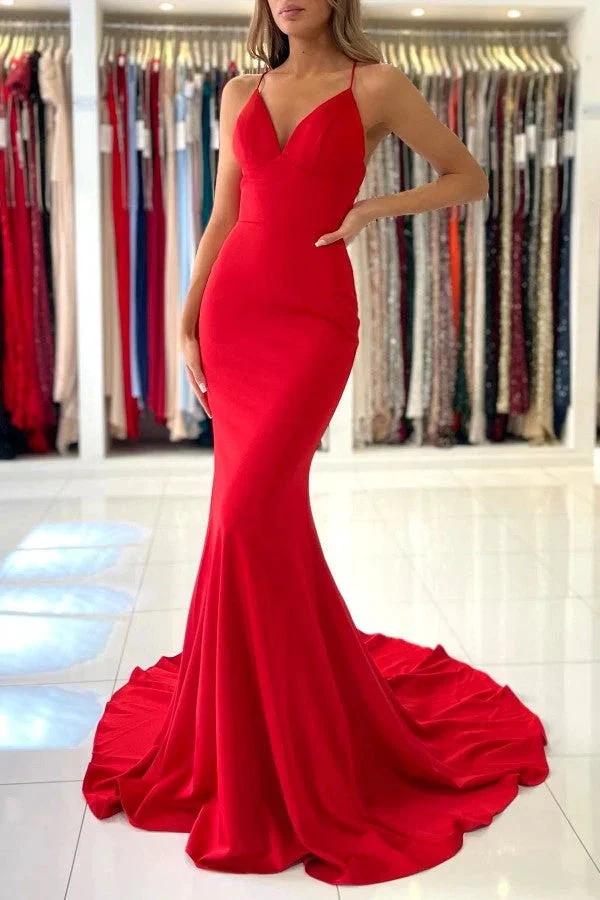Simple Red Long Mermaid V-neck Open Back Prom Dresses by BIZTUNNEL