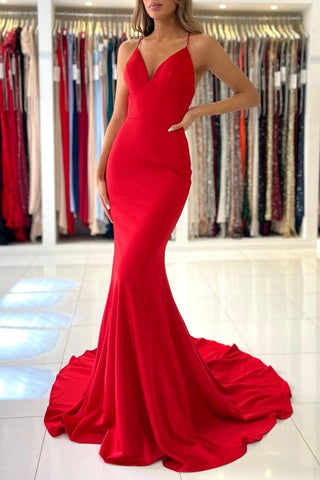 Simple Red Long Mermaid V-neck Open Back Prom Dresses