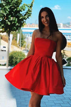 Simple Red Satin Strapless Short Formal Homecoming Dress PD376 by pgmdress