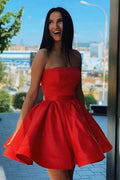 Simple Red Satin Strapless Short Formal Homecoming Dress PD376 by pgmdress