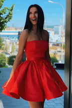 Simple Red Satin Strapless Short Formal Homecoming Dress PD376 by pgmdress