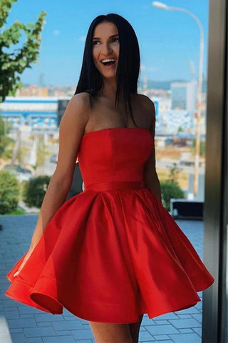 Simple Red Satin Strapless Short Formal Homecoming Dress PD376