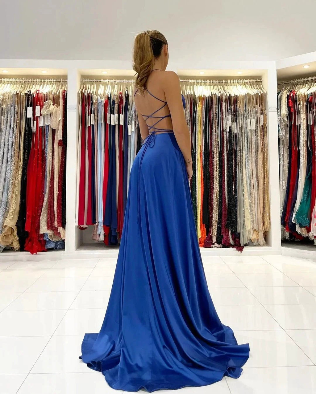 Simple Royal Blue A-line V-neck Backless Long Prom Dress with Slit by BIZTUNNEL