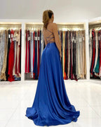 Simple Royal Blue A-line V-neck Backless Long Prom Dress with Slit by BIZTUNNEL