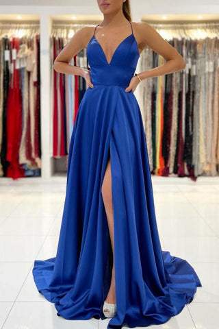 Vestido de fiesta largo azul real sencillo con escote en V, espalda descubierta y abertura