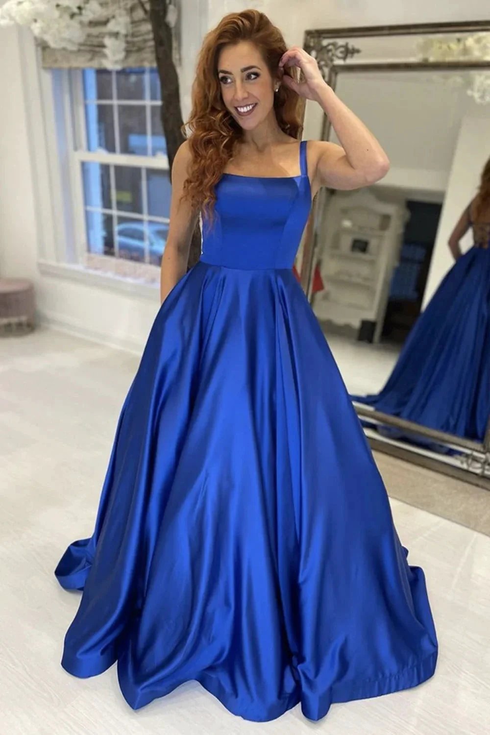 Simple Royal Blue Long A-line Satin Backless Formal Graduation Evening Prom Dresses by BIZTUNNEL