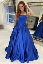 Simple Royal Blue Long A-line Satin Backless Formal Graduation Evening Prom Dresses by BIZTUNNEL