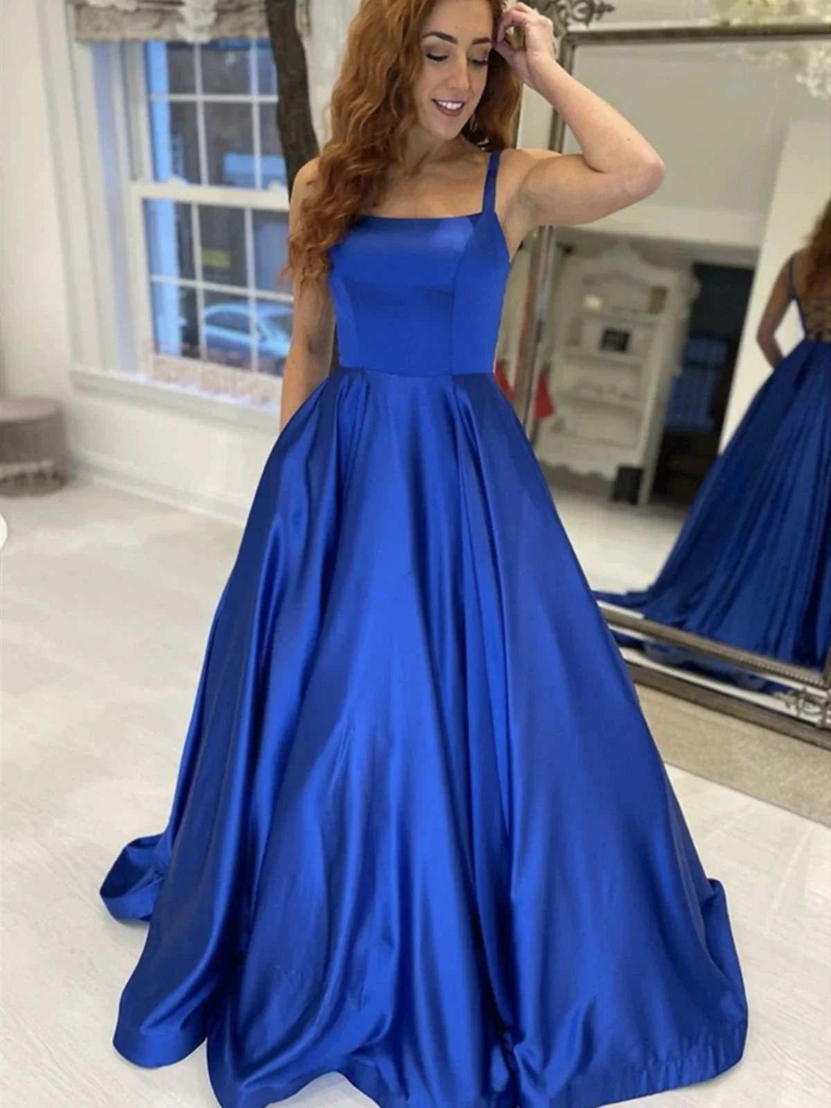 Simple Royal Blue Long A-line Satin Backless Formal Graduation Evening Prom Dresses by BIZTUNNEL