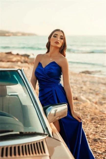 Simple Royal Blue Long A-line Sleeveless Prom Dresses With Slit by misshow.com