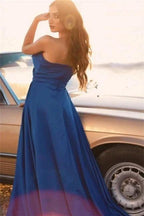 Simple Royal Blue Long A-line Sleeveless Prom Dresses With Slit by misshow.com