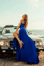 Simple Royal Blue Long A-line Sleeveless Prom Dresses With Slit by misshow.com