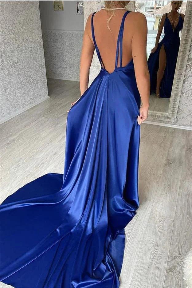 Abito da sera sirena semplice in raso blu reale con scollo a V e spacco frontale