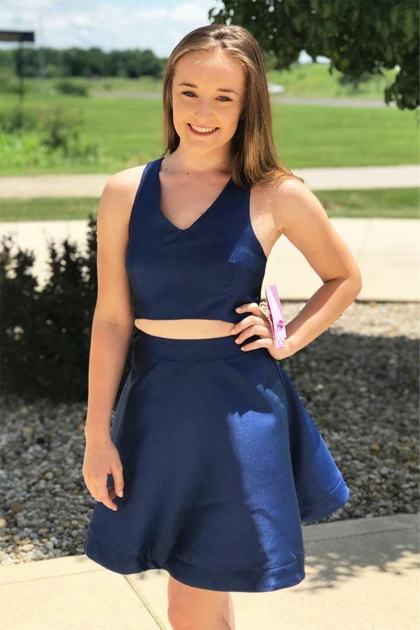 Simple Satin Two Piece Short Royal Blue Homecoming Dress PD309 by pgmdress
