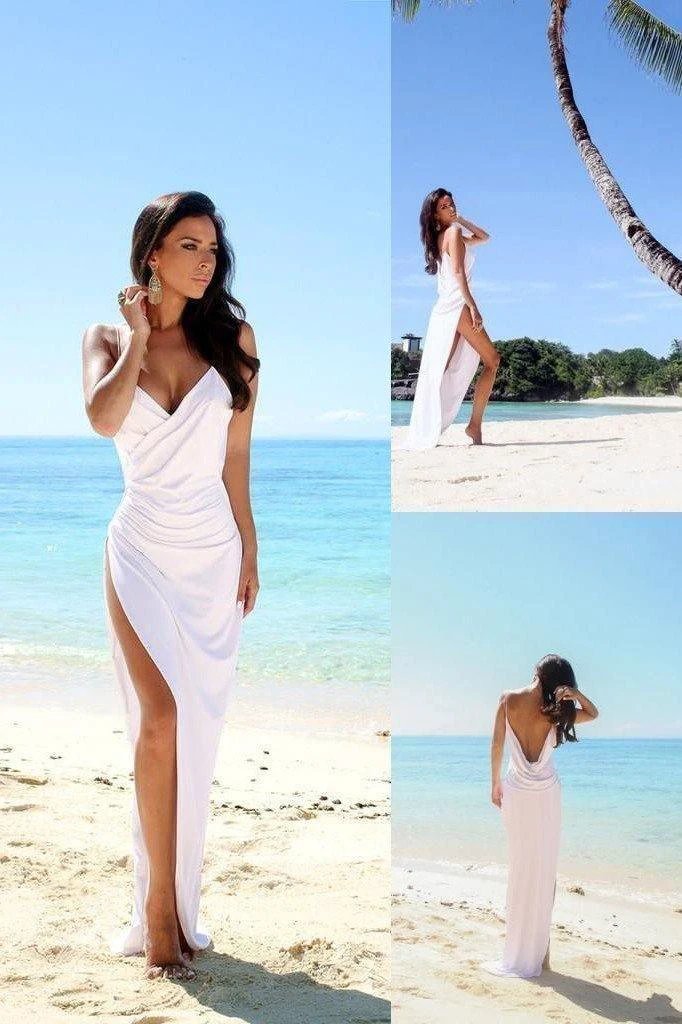 Simple Sexy Open Back Beach Side Slit Spaghetti Straps Wedding Dresses WD506 by pgmdress