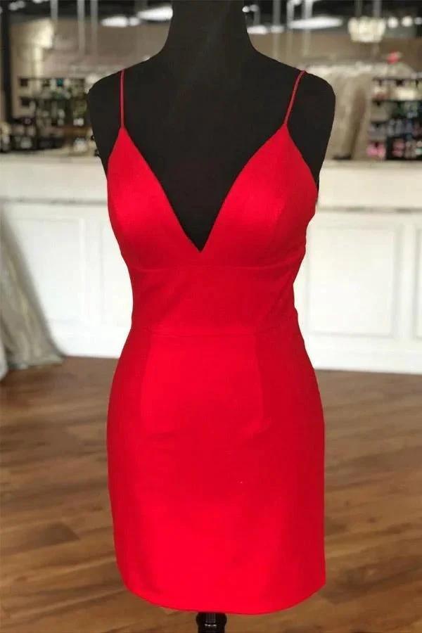 Simple Sheath V Neck Straps Red Mini Party Dress Homecoming Dress PD398 by pgmdress