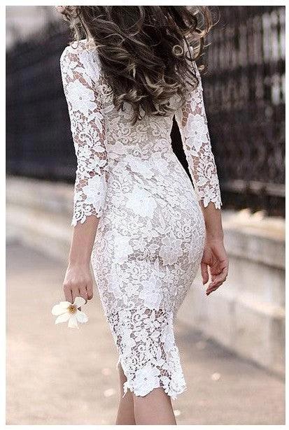Simple Short Sheath Lace Prom Dresses with Sleeves by BIZTUNNEL