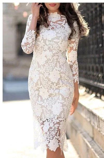 Simple Short Sheath Lace Prom Dresses with Sleeves by BIZTUNNEL